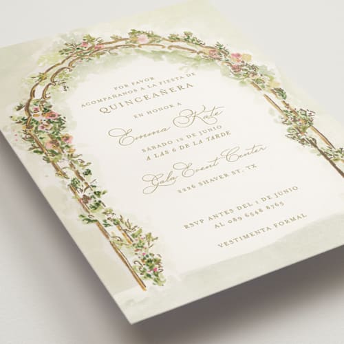 This is a evergreen bridal shower invitations with foil pressed by Lucrecia Caporale called floral arch printing on signature in standard