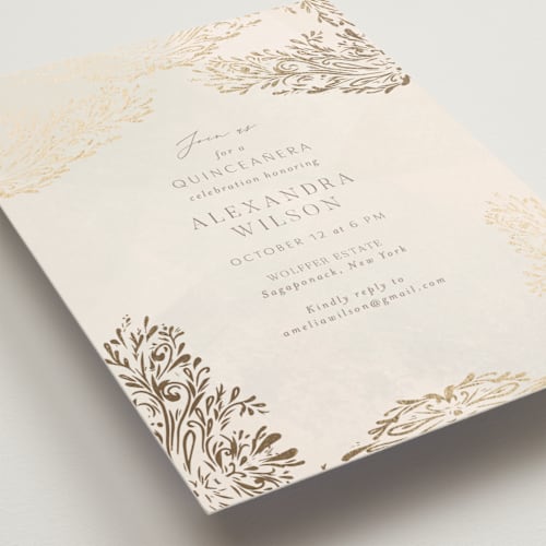 This is a cream bridal shower invitations with foil pressed by Nicoletta Savod called quinceañera elegance printing on signature in standard