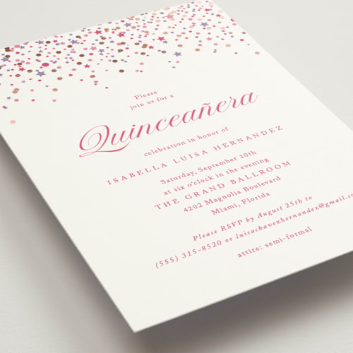 This is a berry bridal shower invitations with foil pressed by Olivia Raufman called confetti sparkle printing on signature in standard