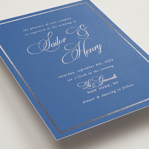 This is a cerulean foil stamped wedding invitations with foil pressed by Morgan Kendall called playbill printing on signature in standard