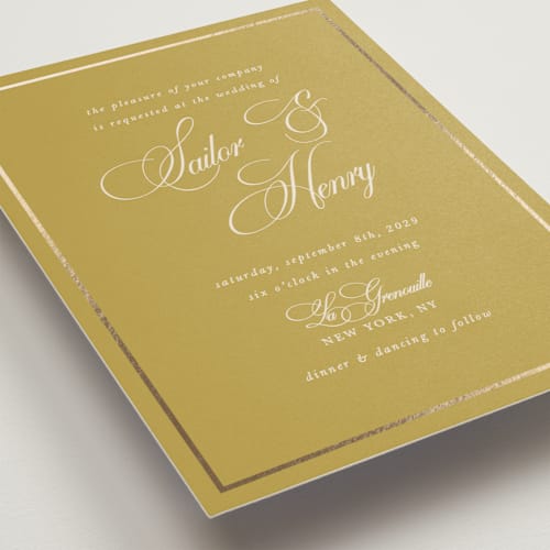 This is a honeycomb foil stamped wedding invitations with foil pressed by Morgan Kendall called playbill printing on signature in standard