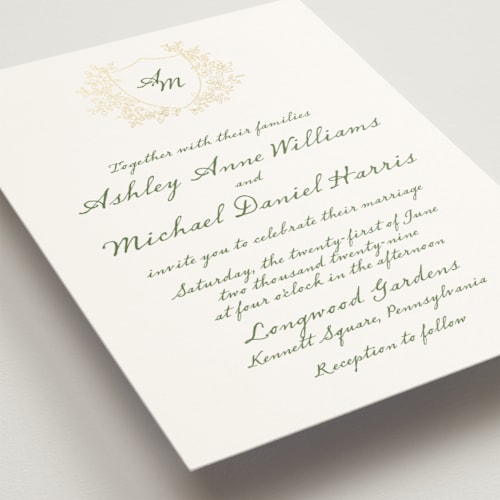 This is a meadow foil stamped wedding invitations with foil pressed by Cass Loh called boho flower crest printing on signature in standard