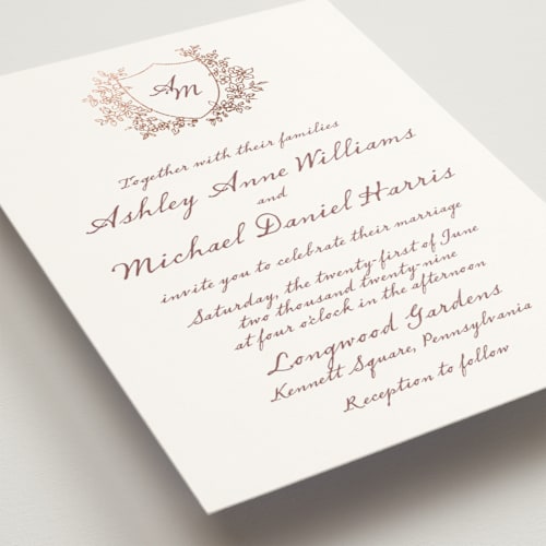 This is a muted petal foil stamped wedding invitations with foil pressed by Cass Loh called boho flower crest printing on signature in standard