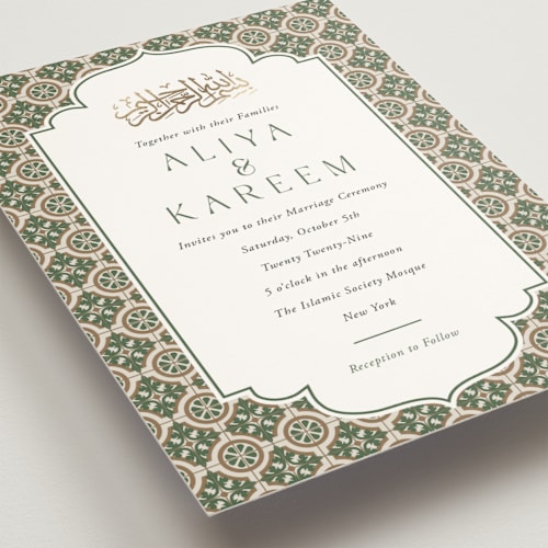 This is a evergreen foil stamped wedding invitations with foil pressed by Oma N. Ramkhelawan called kareem printing on signature in standard