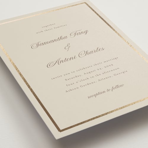 This is a biscotti foil stamped wedding invitations with foil pressed by Nicole Walsh called tux printing on signature in standard