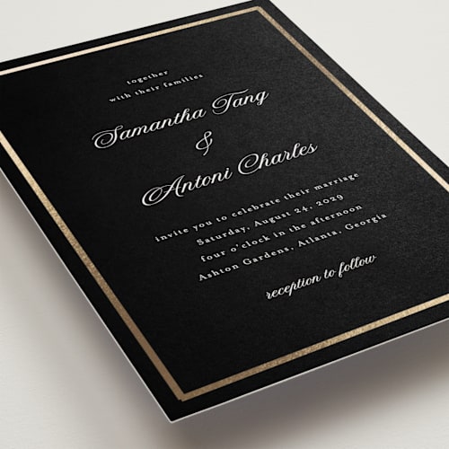 This is a midnight foil stamped wedding invitations with foil pressed by Nicole Walsh called tux printing on signature in standard