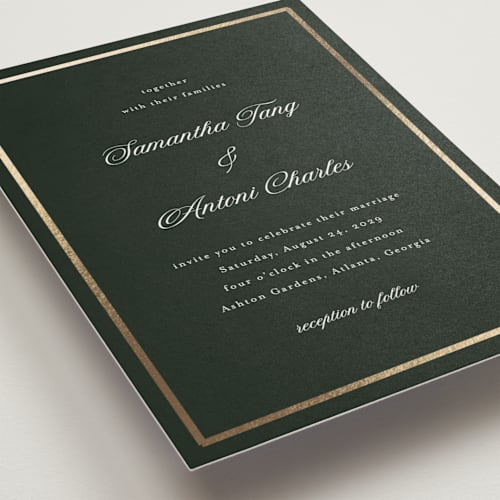 This is a evergreen foil stamped wedding invitations with foil pressed by Nicole Walsh called tux printing on signature in standard