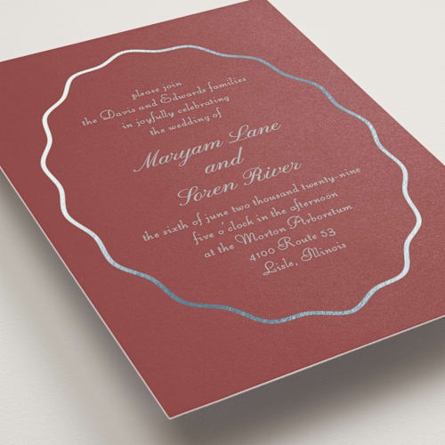 This is a burgundy foil stamped wedding invitations with foil pressed by Baumbirdy called scallop frame printing on signature in standard