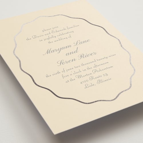 This is a lemon foil stamped wedding invitations with foil pressed by Baumbirdy called scallop frame printing on signature in standard
