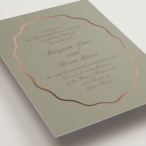 This is a grass foil stamped wedding invitations with foil pressed by Baumbirdy called scallop frame printing on signature in standard
