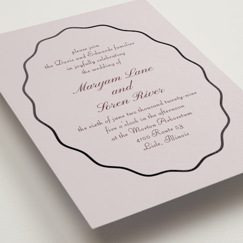 This is a lavender foil stamped wedding invitations with foil pressed by Baumbirdy called scallop frame printing on signature in standard