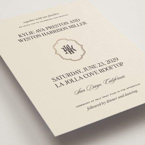 This is a ecru foil stamped wedding invitations with foil pressed by Jenna Holcomb called modern vintage printing on signature in standard