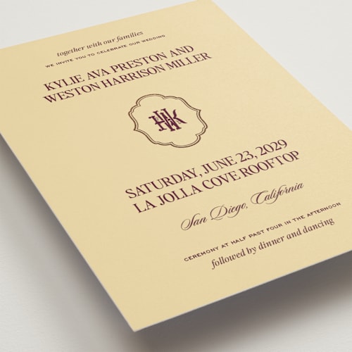 This is a butter foil stamped wedding invitations with foil pressed by Jenna Holcomb called modern vintage printing on signature in standard