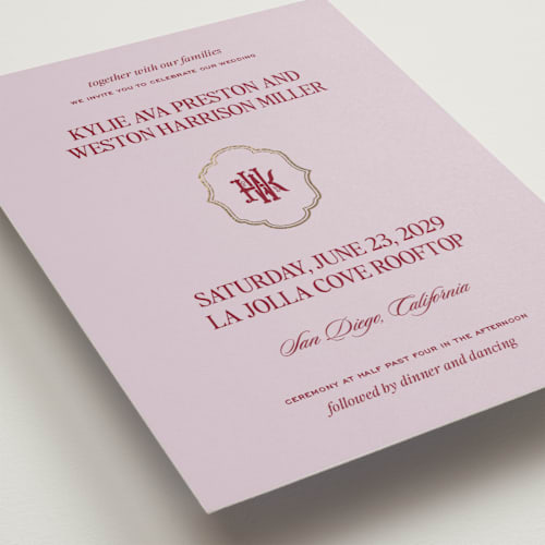 This is a berry foil stamped wedding invitations with foil pressed by Jenna Holcomb called modern vintage printing on signature in standard