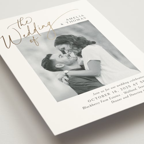 This is a marshmallow foil stamped wedding invitations with foil pressed by Kaydi Bishop called the wedding printing on signature in standard