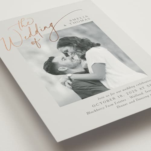 This is a stone foil stamped wedding invitations with foil pressed by Kaydi Bishop called the wedding printing on signature in standard
