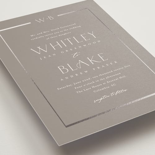 This is a cobble foil stamped wedding invitations with foil pressed by Stacey Meacham called luster printing on signature in standard