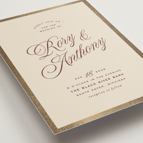 This is a burgundy foil stamped wedding invitations with foil pressed by Ellen Schlegelmilch called rory printing on signature in standard