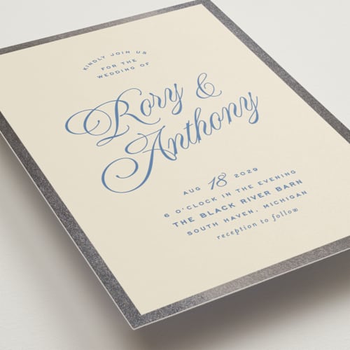 This is a cobalt foil stamped wedding invitations with foil pressed by Ellen Schlegelmilch called rory printing on signature in standard