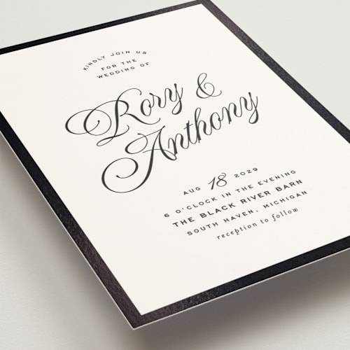 This is a onyx foil stamped wedding invitations with foil pressed by Ellen Schlegelmilch called rory printing on signature in standard