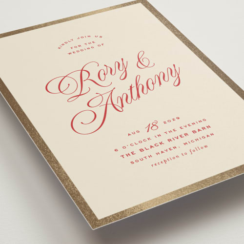 This is a ruby foil stamped wedding invitations with foil pressed by Ellen Schlegelmilch called rory printing on signature in standard