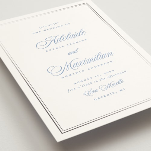 This is a periwinkle foil stamped wedding invitations with foil pressed by Ellen Schlegelmilch called museo printing on signature in standard