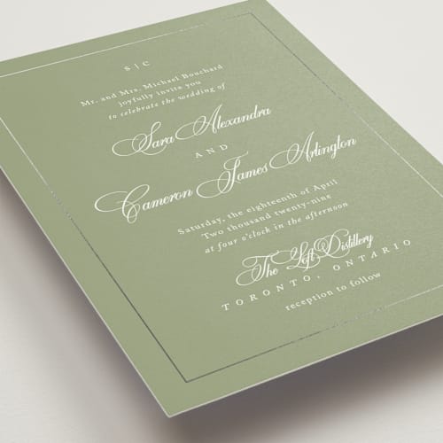 This is a garden foil stamped wedding invitations with foil pressed by Kelly Schmidt called greenwood printing on signature in standard