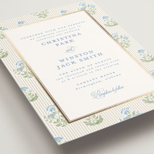 This is a powder foil stamped wedding invitations with foil pressed by Creo Study called patterned florals printing on signature in standard