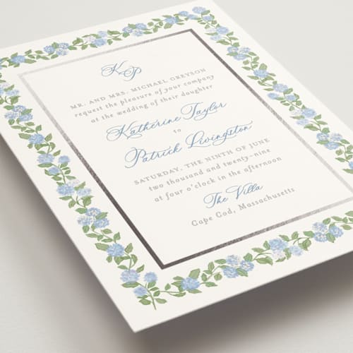 This is a ocean foil stamped wedding invitations with foil pressed by Creo Study called pillowy border printing on signature in standard