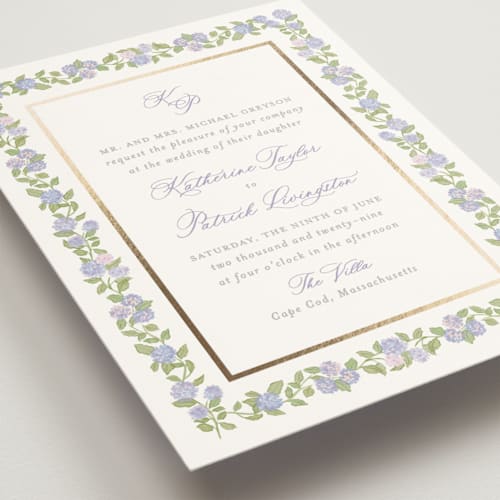 This is a iris foil stamped wedding invitations with foil pressed by Creo Study called pillowy border printing on signature in standard