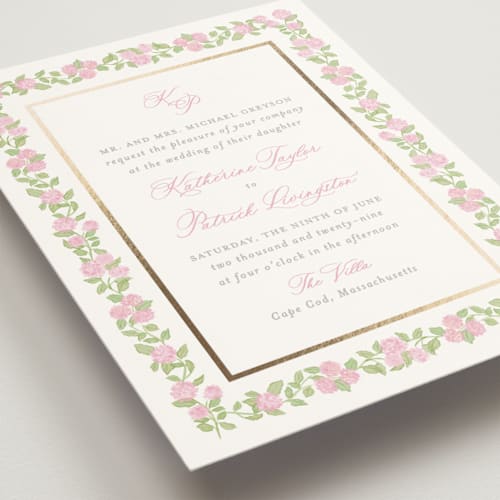 This is a blush foil stamped wedding invitations with foil pressed by Creo Study called pillowy border printing on signature in standard