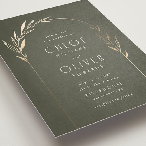 This is a moss foil stamped wedding invitations with foil pressed by Kelly Schmidt called botanical arches printing on signature in standard