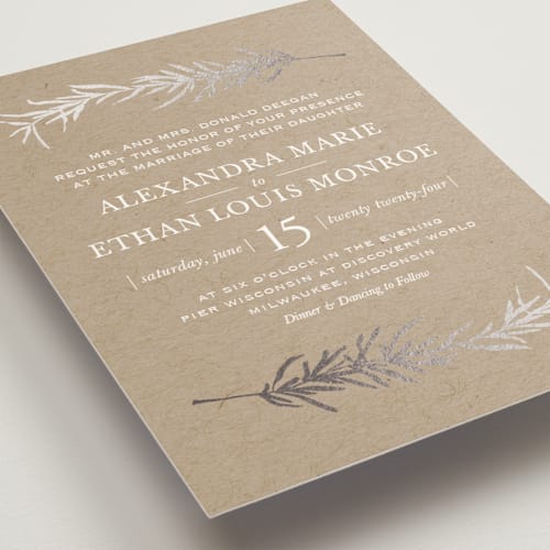 This is a kraft foil stamped wedding invitations with foil pressed by Erin Deegan called simple sprigs printing on signature in standard