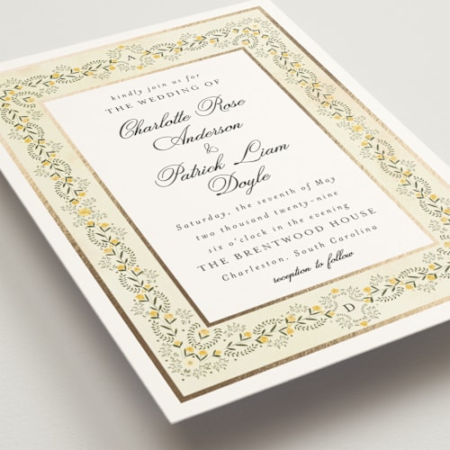 This is a citrus foil stamped wedding invitations with foil pressed by Susan Moyal called embrace printing on signature in standard