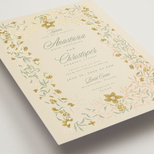 This is a sunleaf foil stamped wedding invitations with foil pressed by Vera Lim called fairytale.. printing on signature in standard