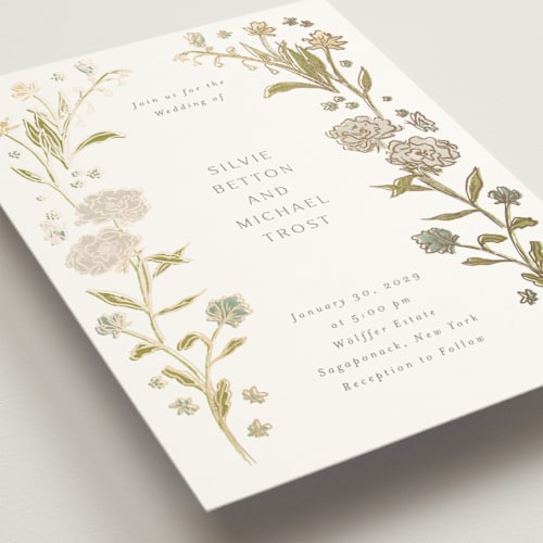 This is a lily foil stamped wedding invitations with foil pressed by Nicoletta Savod called parisian garden printing on signature in standard