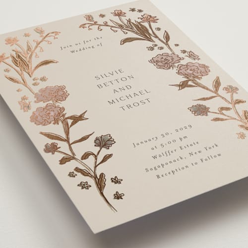 This is a quartz foil stamped wedding invitations with foil pressed by Nicoletta Savod called parisian garden printing on signature in standard