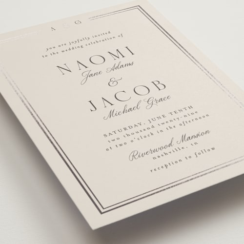 This is a champagne foil stamped wedding invitations with foil pressed by Nicole Walsh called grace printing on signature in standard