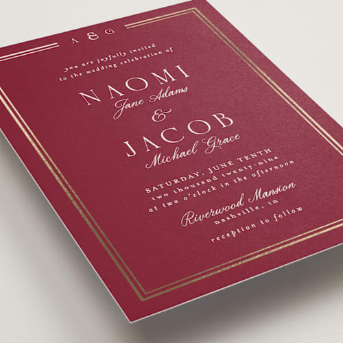 This is a ruby foil stamped wedding invitations with foil pressed by Nicole Walsh called grace printing on signature in standard