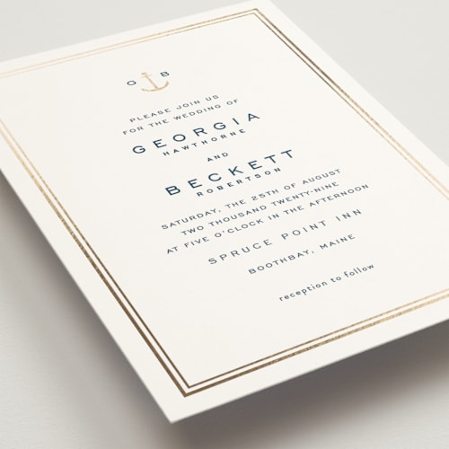 This is a royal navy foil stamped wedding invitations with foil pressed by Olivia Raufman called anchored printing on signature in standard