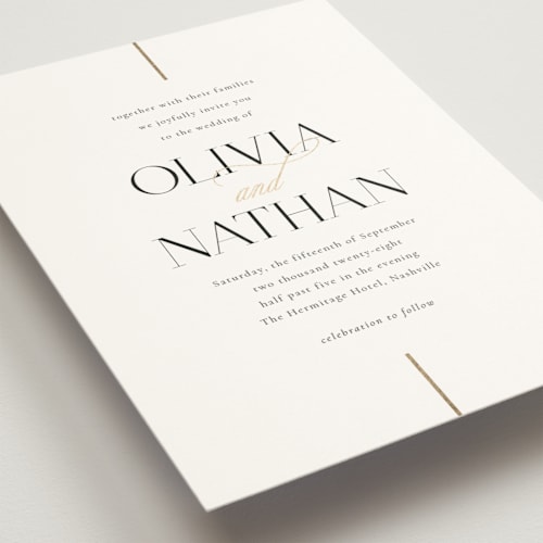 This is a spun sugar foil stamped wedding invitations with foil pressed by Jessica Williams called aligned printing on signature in standard