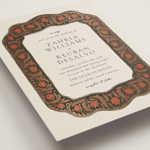 This is a verona sunset foil stamped wedding invitations with foil pressed by Jen Owens called frame printing on signature in standard