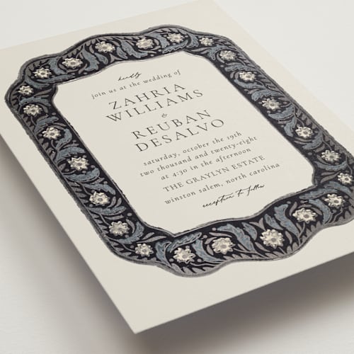 This is a cottage foil stamped wedding invitations with foil pressed by Jen Owens called frame printing on signature in standard