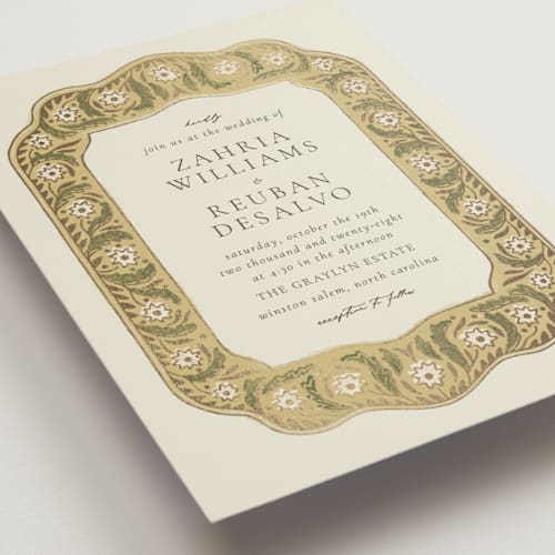 This is a daisy foil stamped wedding invitations with foil pressed by Jen Owens called frame printing on signature in standard