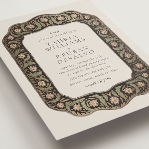 This is a blush peach foil stamped wedding invitations with foil pressed by Jen Owens called frame printing on signature in standard