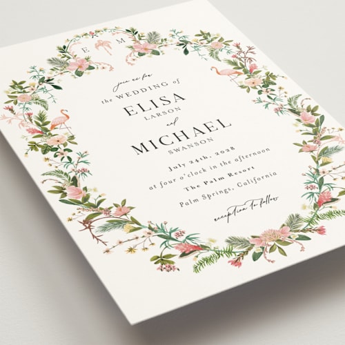 This is a blush foil stamped wedding invitations with foil pressed by Susan Moyal called tropica printing on signature in standard