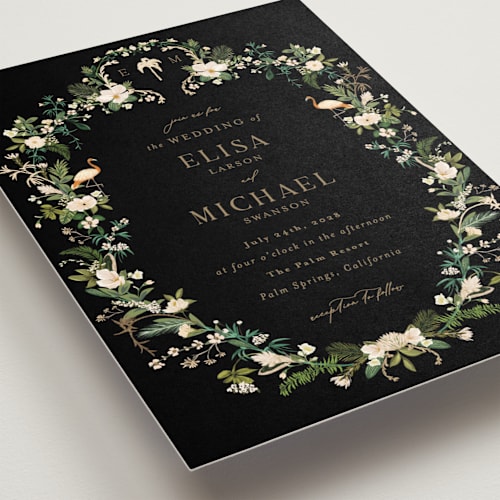 This is a onyx foil stamped wedding invitations with foil pressed by Susan Moyal called tropica printing on signature in standard