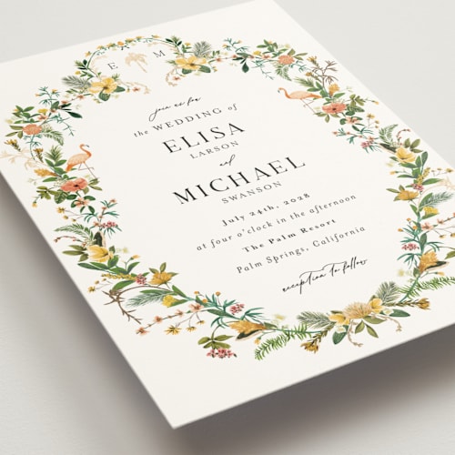 This is a sunshine foil stamped wedding invitations with foil pressed by Susan Moyal called tropica printing on signature in standard