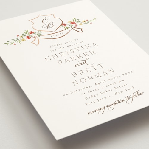 This is a tomato foil stamped wedding invitations with foil pressed by Everett Paper Goods called posy printing on signature in standard