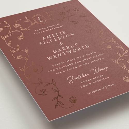 This is a mahogany foil stamped wedding invitations with foil pressed by chocomocacino called cantuccini printing on signature in standard